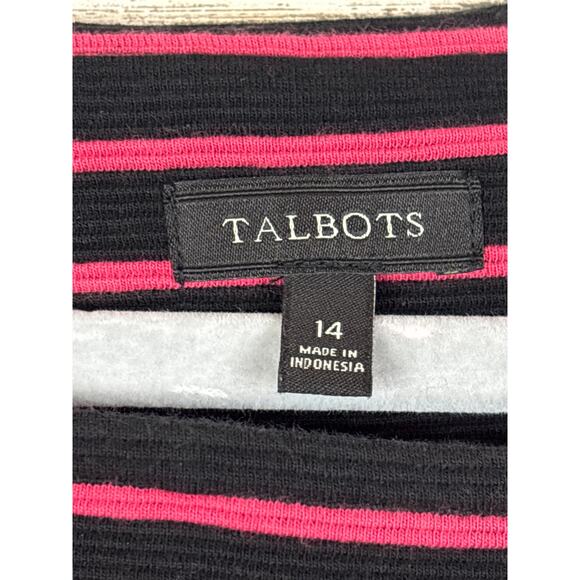 Talbots Women 14 Black Pink Stripe Short Sleeve Knit Stretch A-Line Mini Dress - Picture 3 of 4